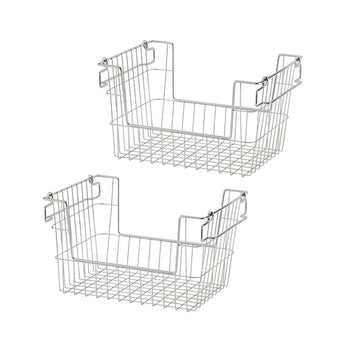 Two silver metal wire storage baskets with hooks for hanging are shown against a white background. The baskets have an open design with a sturdy grid base and raised sides for holding various items.