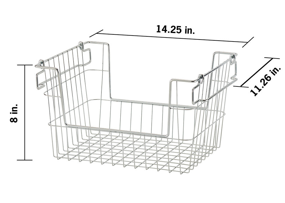A metal wire storage basket with dimensions labeled: 14.25 inches in length, 11.26 inches in width, and 8 inches in height. The basket has built-in handles that allow it to hang on a shelf or cabinet.