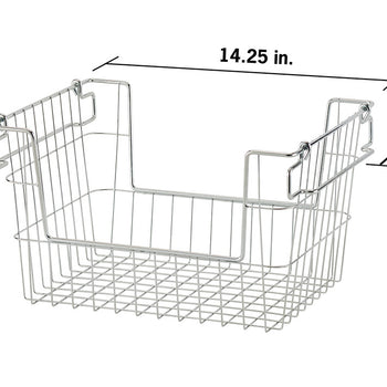 A metal wire storage basket with dimensions labeled: 14.25 inches in length, 11.26 inches in width, and 8 inches in height. The basket has built-in handles that allow it to hang on a shelf or cabinet.