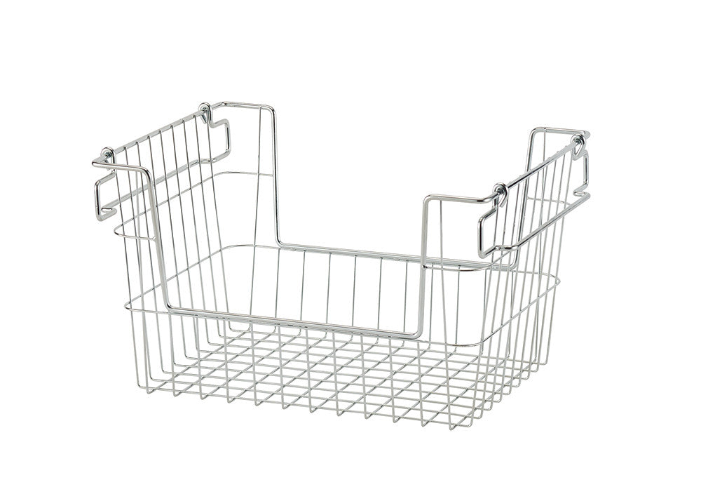 A metal wire storage basket with handles and hooks designed for hanging under shelves. The basket is silver-colored and has an open-grid design for ventilation and visibility.