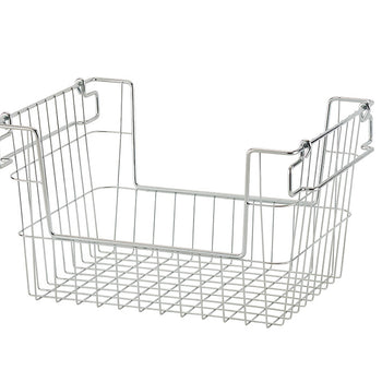 A metal wire storage basket with handles and hooks designed for hanging under shelves. The basket is silver-colored and has an open-grid design for ventilation and visibility.