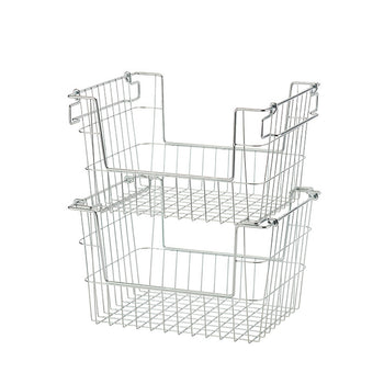 A set of two stackable wire storage baskets made of metal with a silver finish. The baskets have open fronts for easy access and built-in handles for convenient stacking or hanging.