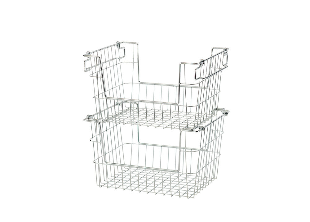 A set of two stackable wire storage baskets made of metal with a silver finish. The baskets have open fronts for easy access and built-in handles for convenient stacking or hanging.