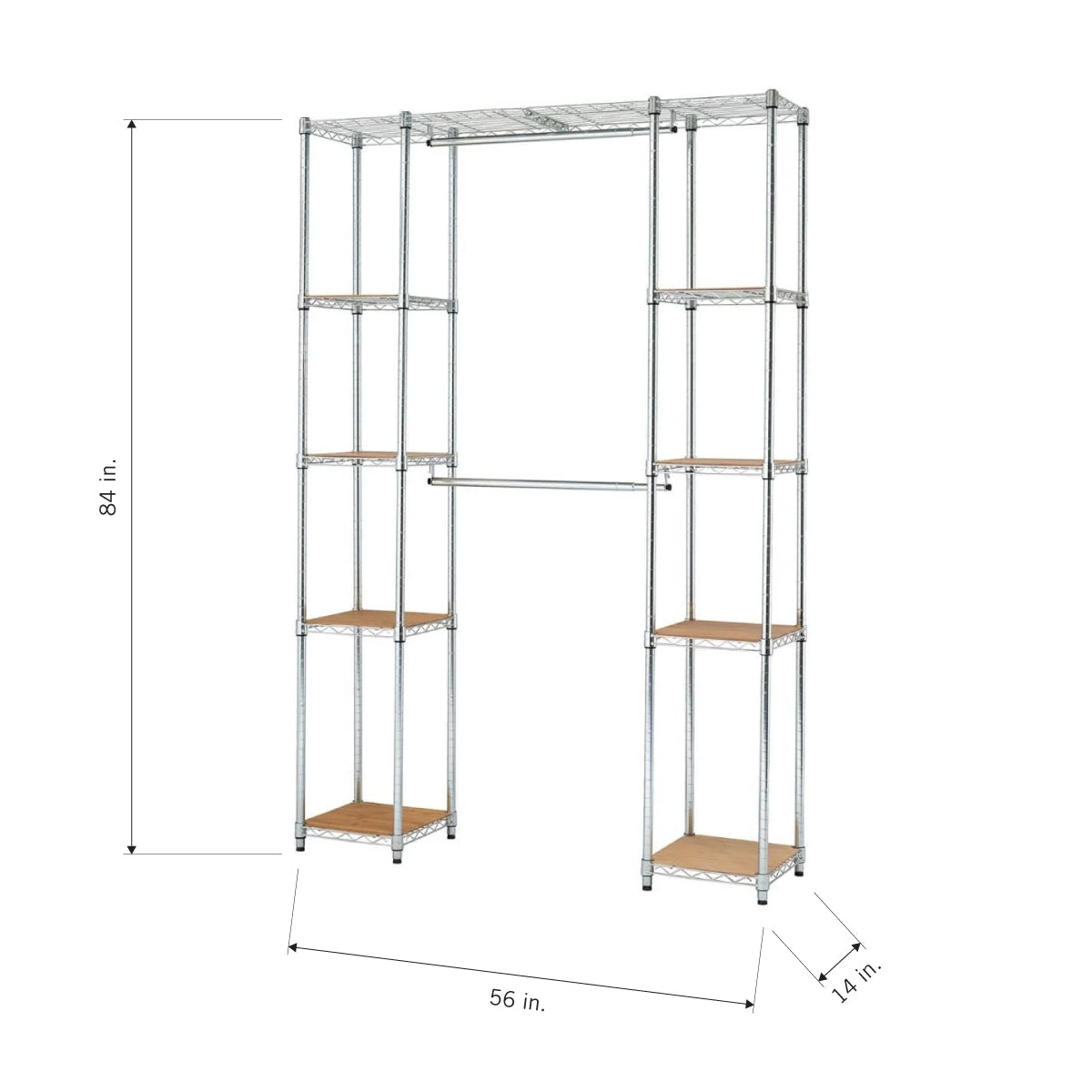 A chrome-finished wire shelving unit with two towers connected by a horizontal bar. The unit has wood-like shelf inserts and is shown with its dimensions: 84 inches high, 56 inches wide, and 14 inches deep.