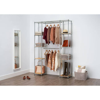 A chrome metal expandable closet organizer is shown with clothes, shoes, and accessories neatly arranged. The organizer features multiple shelves, hanging rods, and provides ample storage for a variety of items.