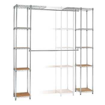 An expandable motion of a wire closet organizer with a chrome finish and wooden shelves is shown. The organizer features two tall shelving units on either side with multiple shelves, connected by two horizontal hanging rods at different heights.