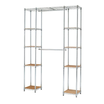 
A Trinity EcoStorage Expandable Garment Rack with Bamboo Shelves is shown against a white background. This chrome closet organizer features two vertical shelving units with light wood shelves, connected by two horizontal hanging rods.