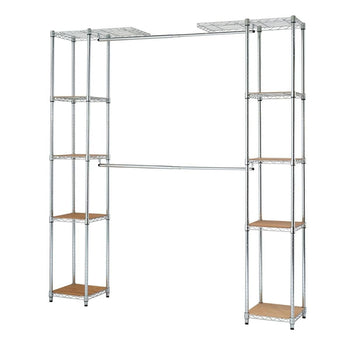 An expandable, 56 inches to 76 inches wide chrome wire shelving unit with two towers connected by two horizontal bars. The towers have several shelves, some of which are solid wood, and a top shelf that is wire mesh.