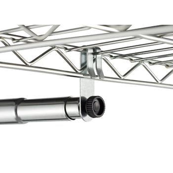 A close-up shot shows a shiny metallic hanging rod attached to a wire shelf. The rod is secured underneath the shelf by a metallic hook bracket, and a black knob is visible on the end of the rod.