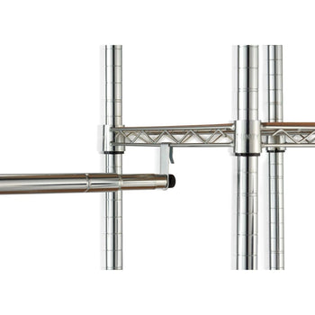 A close-up shot shows a metal rod hardware connected to one of the shelving tower extending horizontally, connected to a vertical chrome shelving pole. The rod is attached to the pole via a bracket, and in the background, another similar shelving unit is visible.