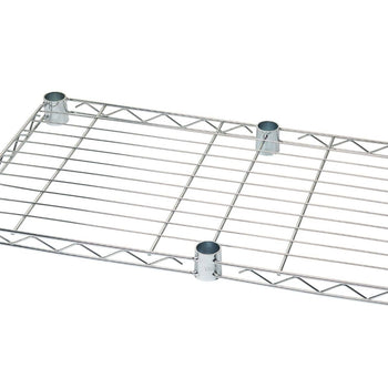 A close-up shot shows a chrome wire shelving unit with four metal collars around its corner posts, suggesting it's part of a larger, expandable storage system. The wire grid is tightly spaced and reflective, indicating a sturdy design for holding various items.