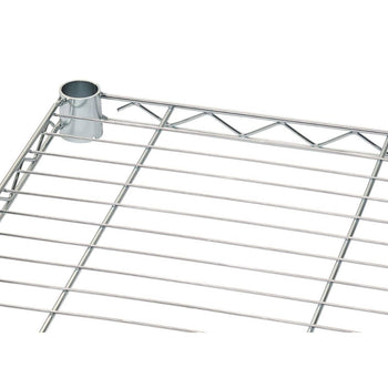 A close-up shot shows a chrome wire shelving unit with a cylindrical post at the top left corner. The shelf consists of horizontal and vertical wires forming a grid pattern, typical of storage organizers.
