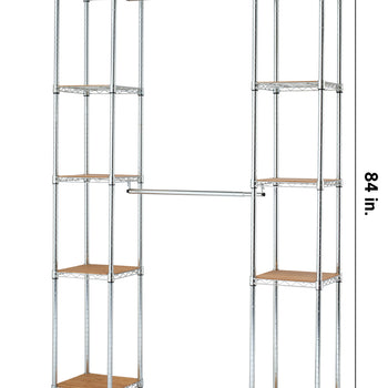 A chrome-finished wire shelving unit with two towers connected by a horizontal bar. The unit has wood-like shelf inserts and is shown with its dimensions: 84 inches high, 56 inches to 76 inches wide when expanded, and 14 inches deep.