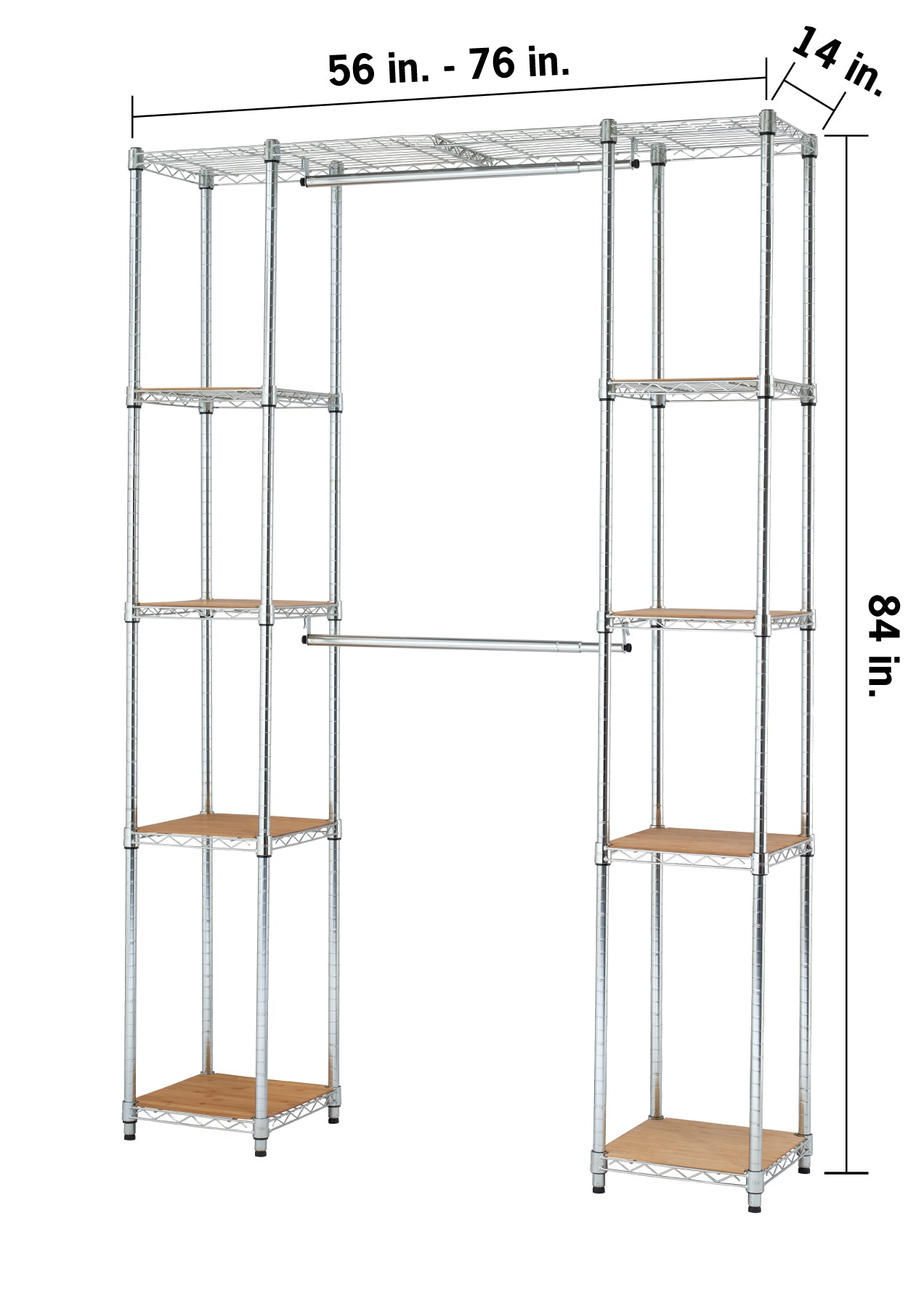 A chrome-finished wire shelving unit with two towers connected by a horizontal bar. The unit has wood-like shelf inserts and is shown with its dimensions: 84 inches high, 56 inches to 76 inches wide when expanded, and 14 inches deep.