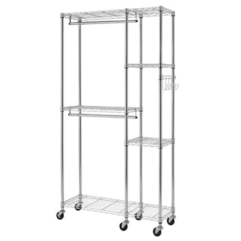 A chrome-colored Trinity EcoStorage Rolling Closet Organizer. The organizer features two hanging rods on the left side and several adjustable wire shelves of varying widths on the right, along with a side bar with hooks, all set on rolling casters.