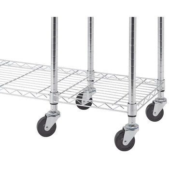 A close-up shows the bottom section of a chrome wire shelving unit, focusing on the four black wheels attached to the base of the vertical supports. The wire rack shelf is visible just above the wheels.