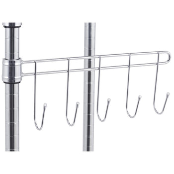 Close-up shot shows a set of five chrome wire shelf hooks attached to a vertical pole of a wire shelving unit. The hooks extend horizontally from the pole, providing hanging storage.