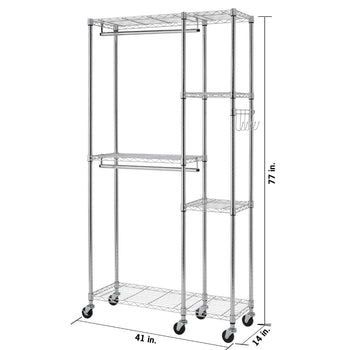 A chrome-colored wire closet organizer with multiple shelves and two hanging rods is shown against a white background. The organizer has wheels and dimensions indicating a height of 77 inches, a width of 41 inches, and a depth of 14 inches.