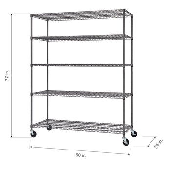 A five-shelf black metal wire shelving unit is shown with four wheels on the bottom. Dimensions are indicated with arrows: 77 inches in height, 60 inches in width, and 24 inches in depth.