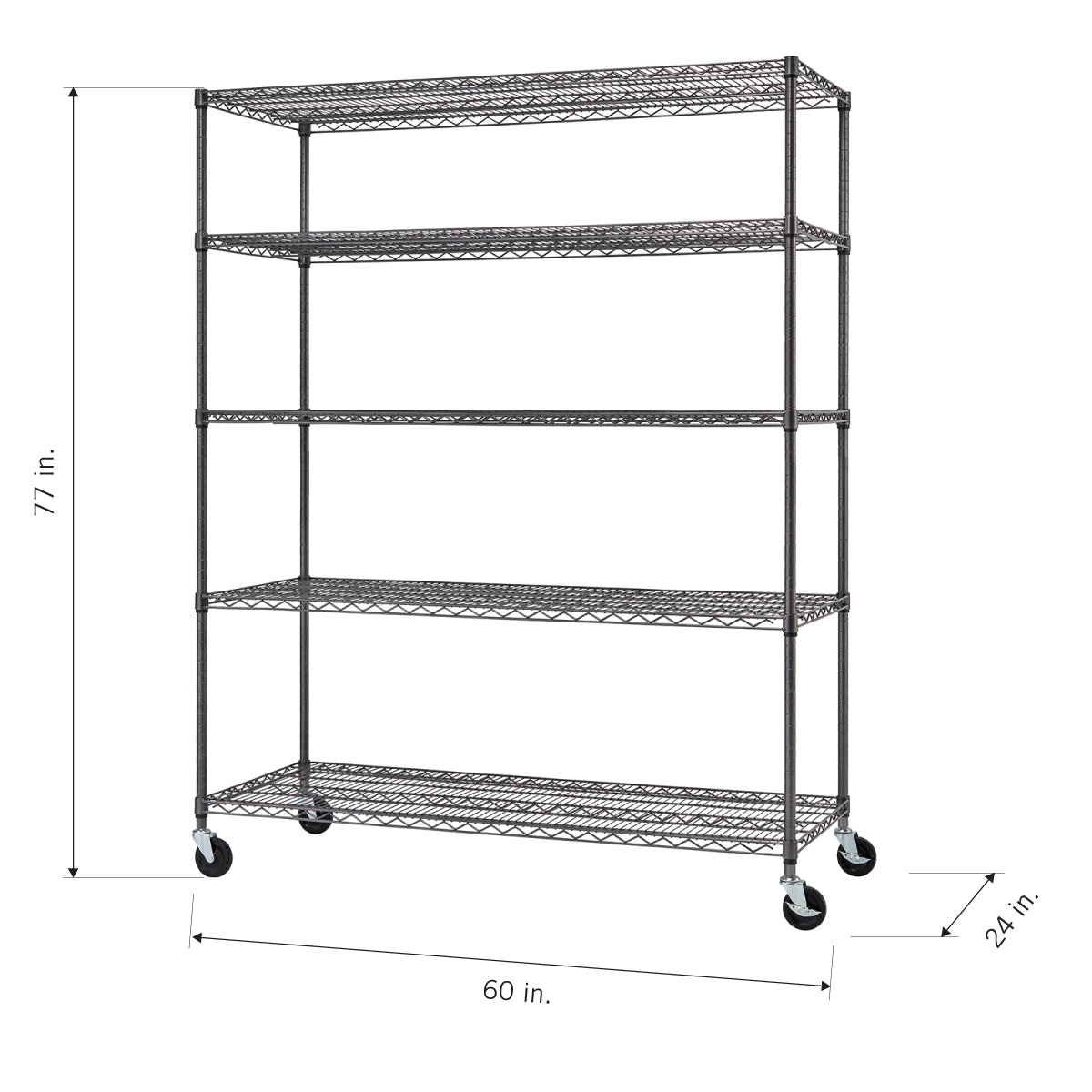 A five-shelf black metal wire shelving unit is shown with four wheels on the bottom. Dimensions are indicated with arrows: 77 inches in height, 60 inches in width, and 24 inches in depth.