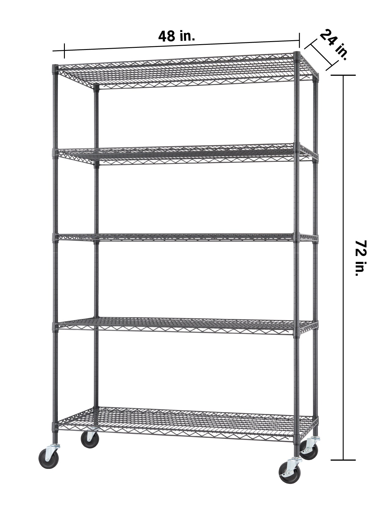 A five-tier black wire shelving unit on wheels with indicated dimensions of 48 inches wide, 24 inches deep, and 72 inches high. The industrial-style rack features adjustable shelves and heavy-duty casters for mobility.