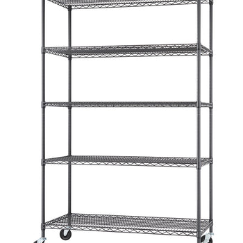 A tall, dark gray, five-tier wire shelving unit on four caster wheels. The unit has a minimalist, industrial design and is shown on a white background.