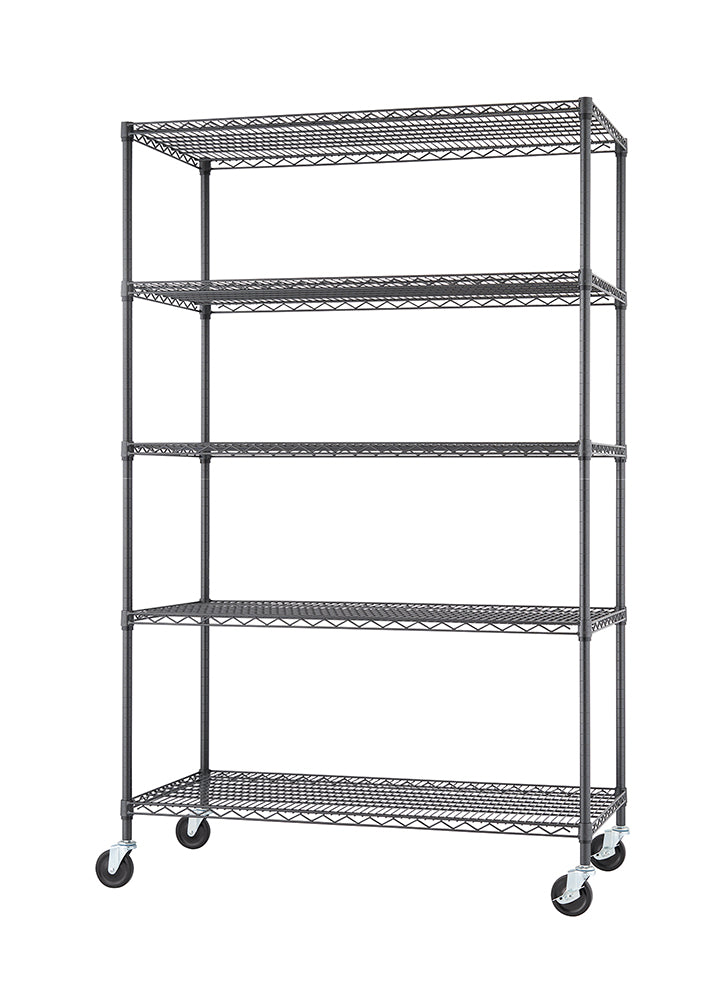 A tall, dark gray, five-tier wire shelving unit on four caster wheels. The unit has a minimalist, industrial design and is shown on a white background.