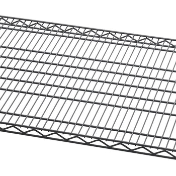 A wire shelving unit is shown against a plain white background. The shelf has a grid pattern with thicker wires running from left to right and thinner wires running from front to back, creating a tightly-spaced mesh surface.