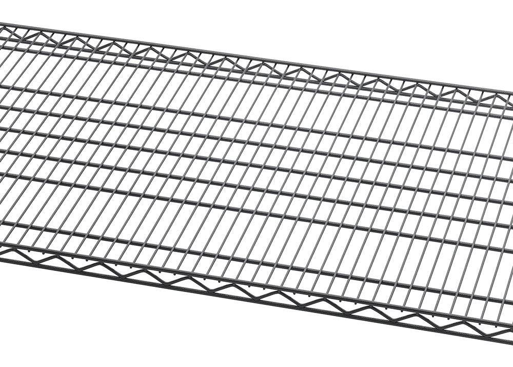 A wire shelving unit is shown against a plain white background. The shelf has a grid pattern with thicker wires running from left to right and thinner wires running from front to back, creating a tightly-spaced mesh surface.