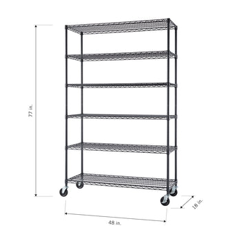 A tall, black wire shelving unit with six shelves is shown with four wheels at its base. Dimensions are provided, indicating it is 77 inches high, 48 inches wide, and 18 inches deep.