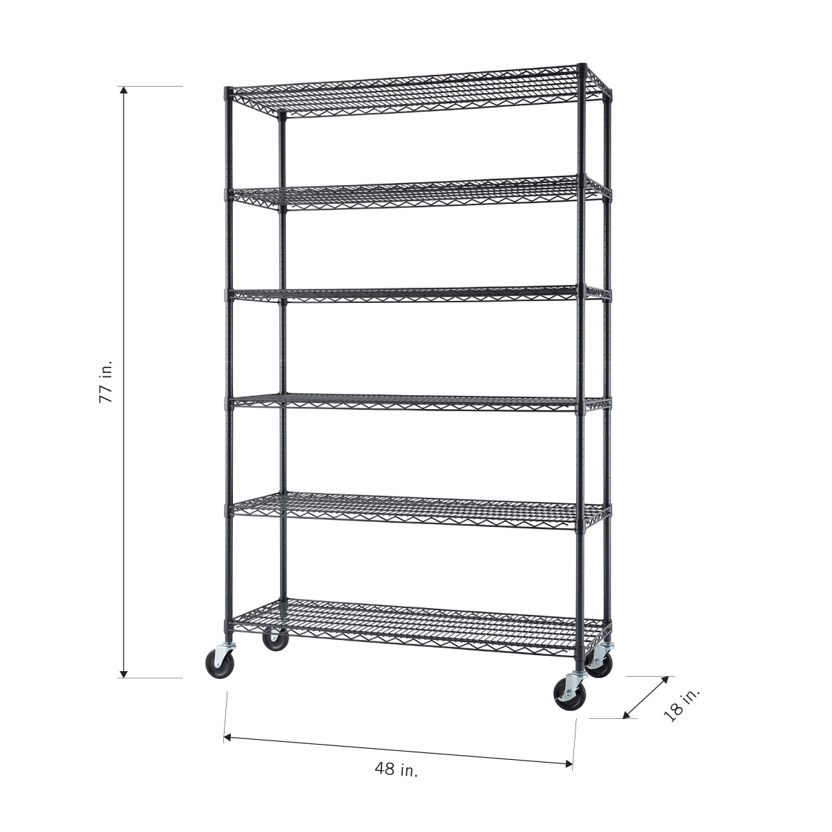 A tall, black wire shelving unit with six shelves is shown with four wheels at its base. Dimensions are provided, indicating it is 77 inches high, 48 inches wide, and 18 inches deep.