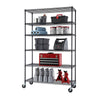 A black wire shelving rack filled with car maintenance parts, tool boxes, tote boxes, paint buckets, and other garage items.