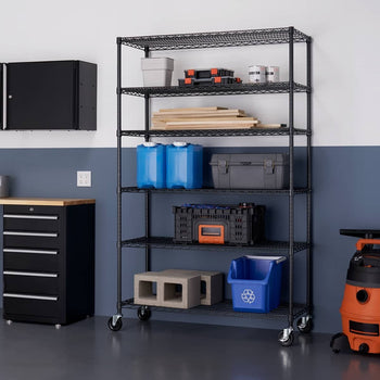 A metal wire shelving unit on wheels is organized with various garage items, including toolboxes, wooden planks, blue water containers, a recycling bin, and concrete blocks. The unit is placed in a clean, modern garage with a black cabinet, tool chest, and a wet/dry vacuum nearby.