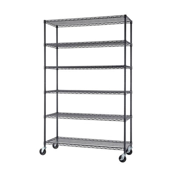 A tall, black wire shelving unit with six tiers stands on four wheels against a white background. The shelves are made of a grid pattern of thin wires, and the unit has a simple, industrial design.