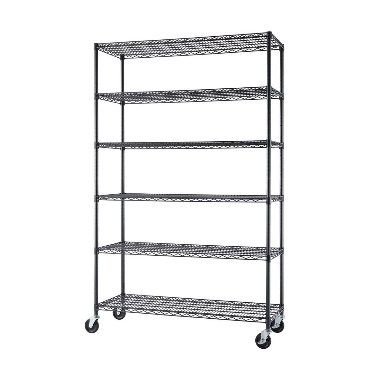 A tall, black wire shelving unit with six tiers stands on four wheels against a white background. The shelves are made of a grid pattern of thin wires, and the unit has a simple, industrial design.