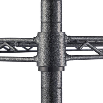 Close-up view of a dark, textured metal shelving unit's support post and connecting shelf wire. The cylindrical post features segmented grooves, and the shelf wire securely attaches to it with visible welding points.