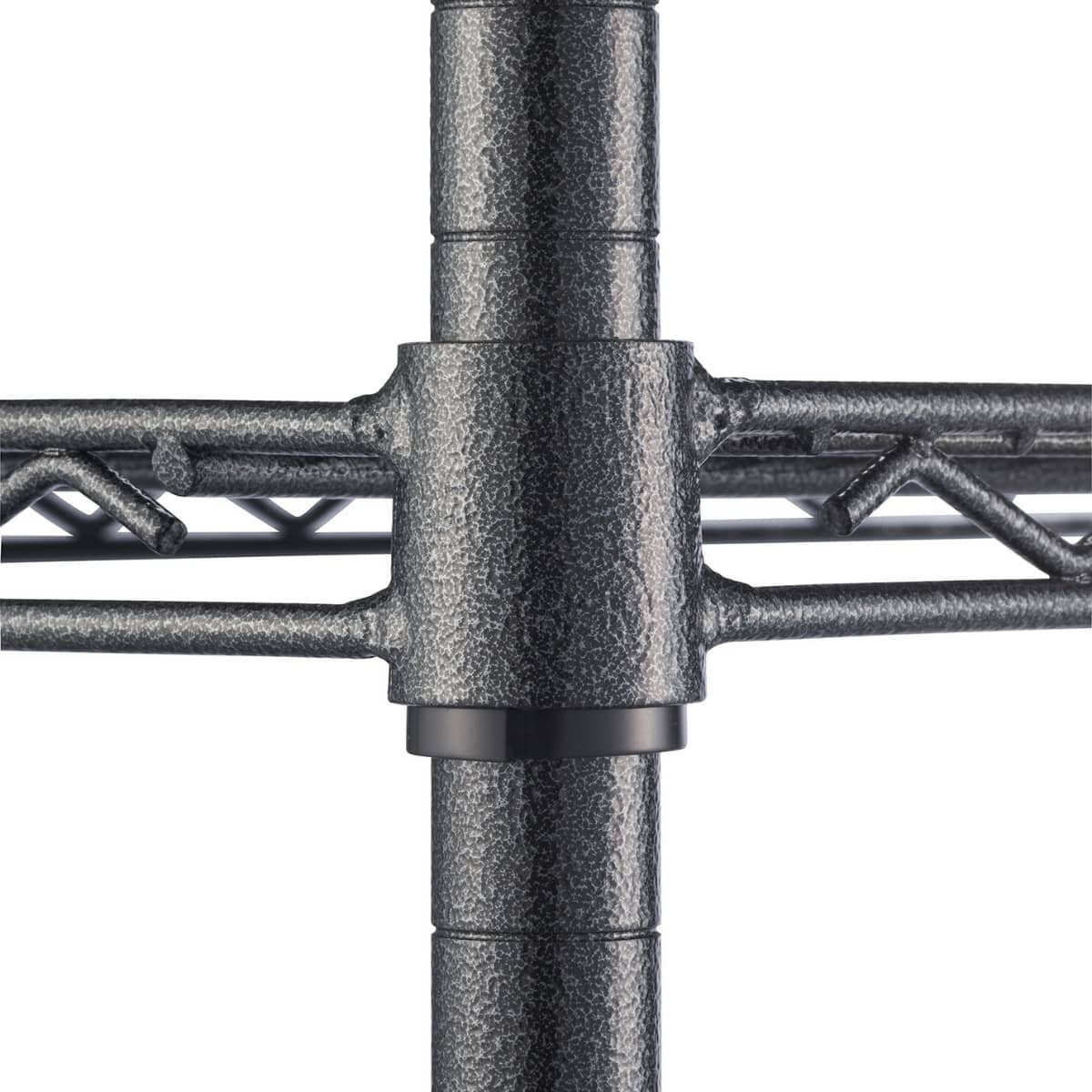 Close-up view of a dark, textured metal shelving unit's support post and connecting shelf wire. The cylindrical post features segmented grooves, and the shelf wire securely attaches to it with visible welding points.