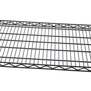 A close-up shows a section of a black, wire shelving unit. The grid pattern of the shelf is clearly visible, highlighting its open design.
