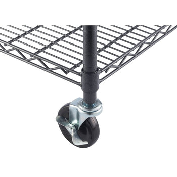 A close-up shows the bottom of a black wire shelving unit, focusing on one of its black wheels. The wheel has a silver locking mechanism engaged to keep it stationary.