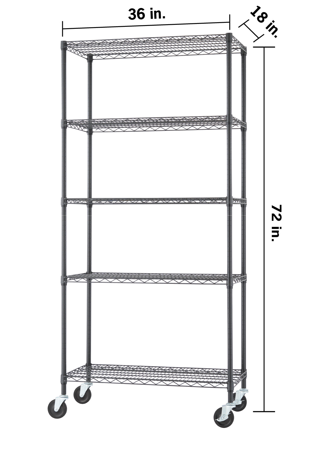 A five-tier black wire shelving unit on wheels, measuring 36 inches wide, 18 inches deep, and 72 inches high. The dimensions are indicated by labeled lines showing the width across the top, depth on the side, and total height.