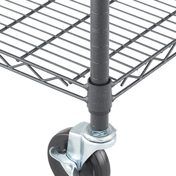 A close-up image shows the bottom corner of a black wire shelving unit with a caster wheel attached to the leg. The caster is a swivel type with a black rubber wheel and a locking lever visible on the metal bracket.