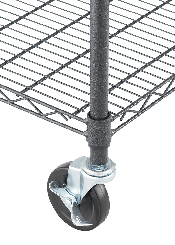 A close-up image shows the bottom corner of a black wire shelving unit with a caster wheel attached to the leg. The caster is a swivel type with a black rubber wheel and a locking lever visible on the metal bracket.