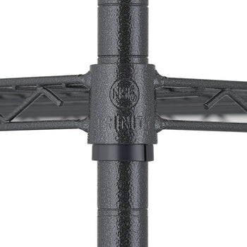 A close-up photograph focuses on the intersection of a metal wire shelving unit, showing a black wire shelf connected to a textured black support pole. The shelf connector is secured to the pole and features the embossed TRINITY name and the NSF certification logo within a circular design.
