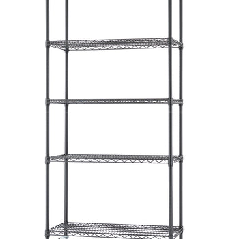 A tall, black, five-tier wire shelving unit is shown with caster wheels attached to the bottom posts. The shelves are open wire mesh, and the unit appears to be a typical heavy-duty, commercial-style storage rack.