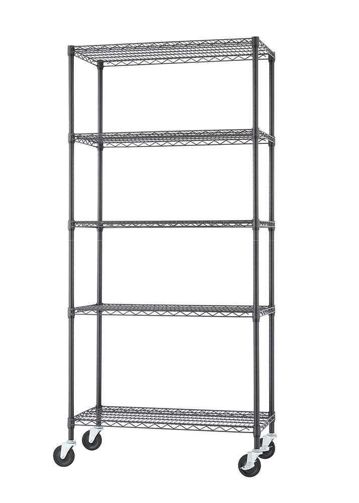 A tall, black, five-tier wire shelving unit is shown with caster wheels attached to the bottom posts. The shelves are open wire mesh, and the unit appears to be a typical heavy-duty, commercial-style storage rack.