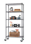 A tall, five-tier black wire shelving unit with casters holds various items, suggesting use in a garage or utility space. Contents include wood planks, toolboxes, spray bottles, and a large wooden crate with metal and paper items.