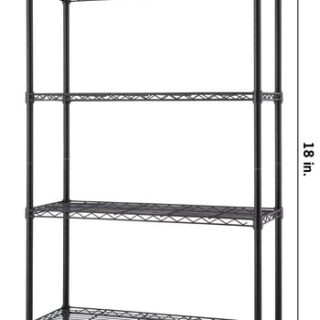 A four-tier black wire shelving unit is shown with dimensions indicating it is 36 inches wide, 14 inches deep, and 18 inches tall. The metal rack features adjustable shelves supported by four vertical poles with small feet at the base.