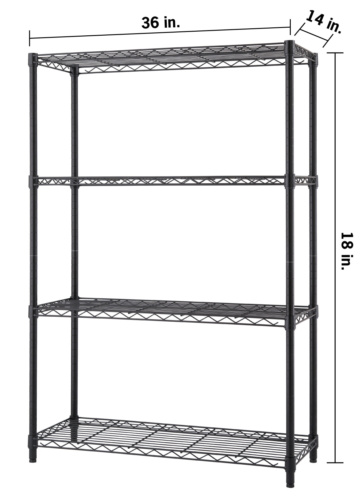 A four-tier black wire shelving unit is shown with dimensions indicating it is 36 inches wide, 14 inches deep, and 18 inches tall. The metal rack features adjustable shelves supported by four vertical poles with small feet at the base.