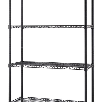 A tall, four-tiered wire shelving unit with a dark gray or black finish. The shelves are adjustable, and the unit is designed for storage in a garage, kitchen, or pantry.