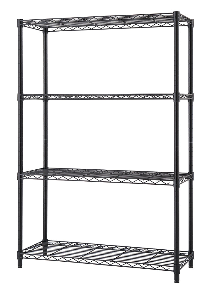 A tall, four-tiered wire shelving unit with a dark gray or black finish. The shelves are adjustable, and the unit is designed for storage in a garage, kitchen, or pantry.